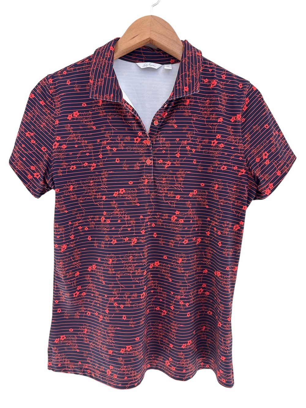 LADY HAGEN Women's Performance GOLF Polo Navy Red Floral Striped Monarch